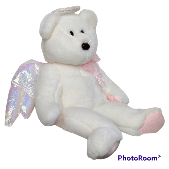Halo Angel Bear Ty Beanie Buddies White Plush Brown Nose Iridesent Wings Clean - Picture 11 of 12